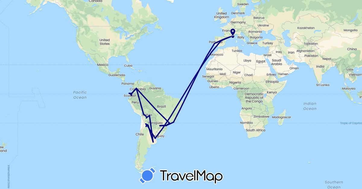 TravelMap itinerary: driving in Argentina, Bolivia, Brazil, Colombia, Ecuador, Spain, France, Portugal (Europe, South America)