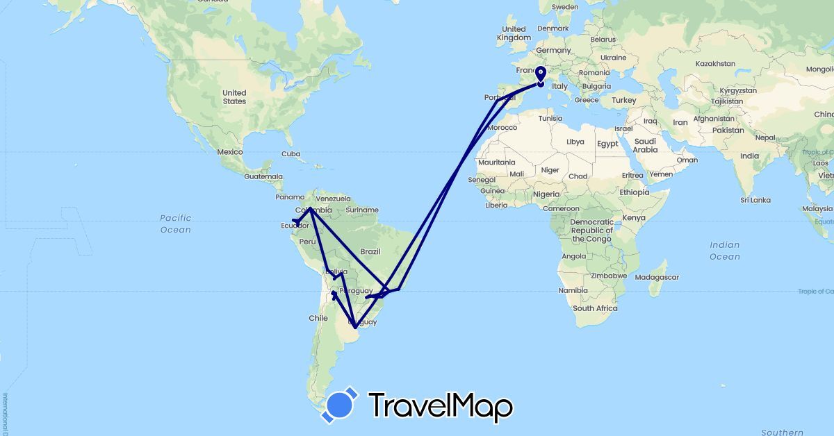 TravelMap itinerary: driving in Argentina, Bolivia, Brazil, Colombia, Ecuador, Spain, France, Portugal, Paraguay (Europe, South America)